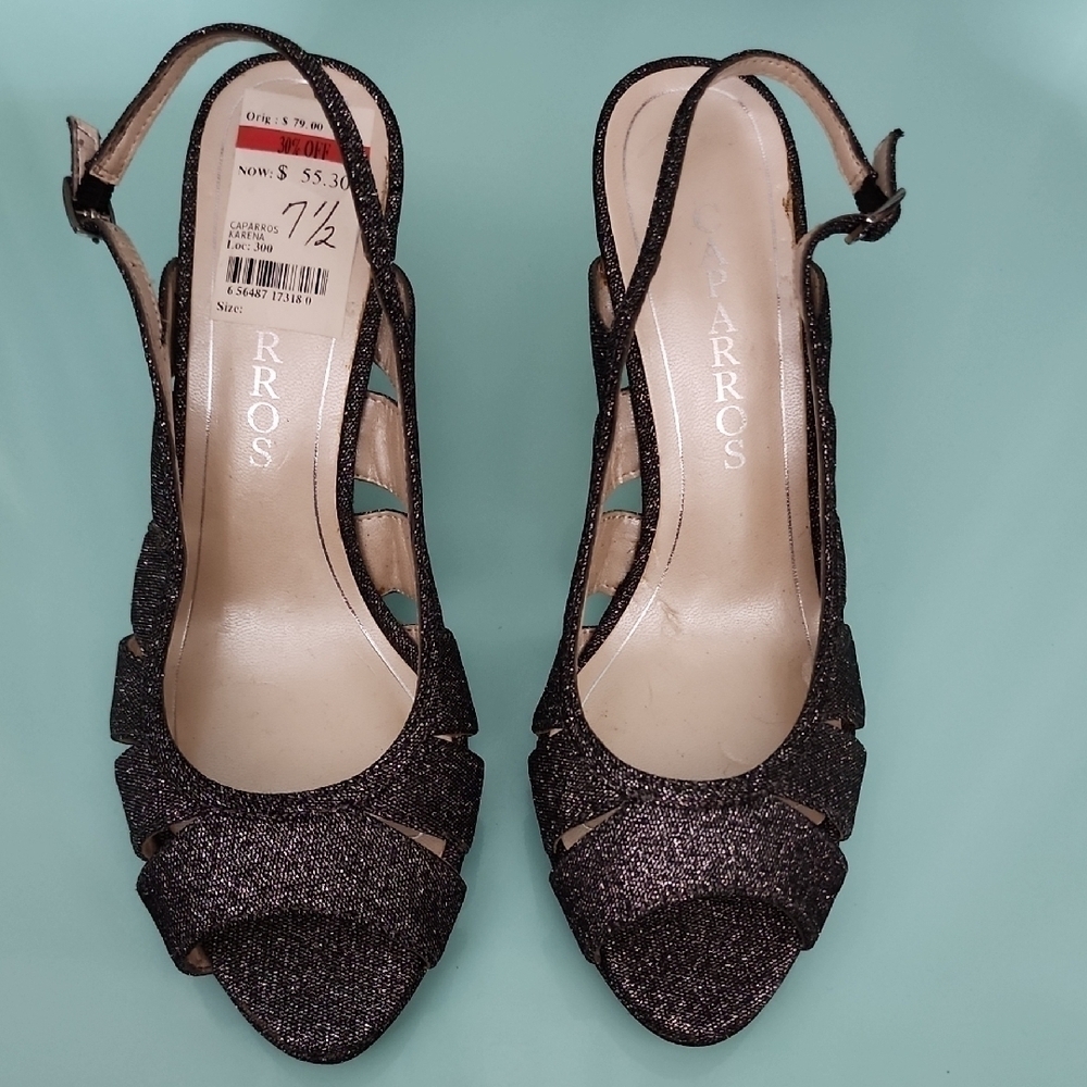 Caparros Women's Glitter Slingback Heels Open Toe Evening Shoes Dark Shimmer 7.5